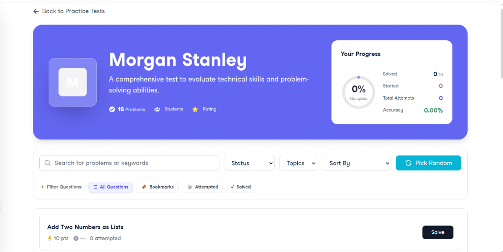 Screenshot: Company wise practice view in Techsnap Interview Prep