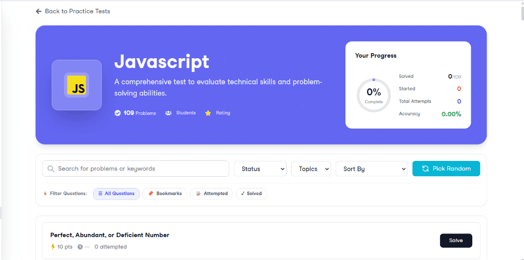 Screenshot: Language wise practice view in Techsnap Interview Prep